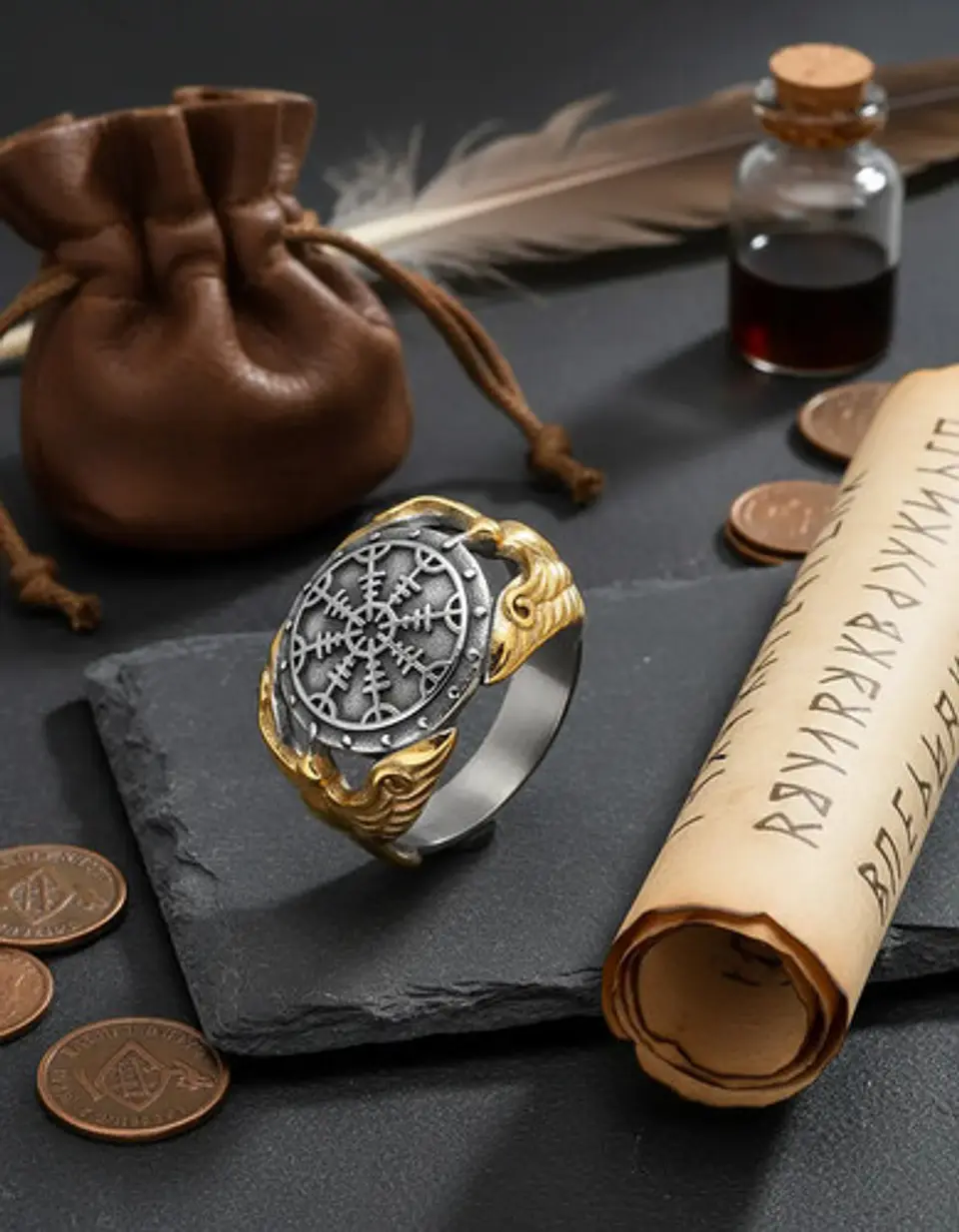 Anillo Acero Color Plata Vikingo Brujula Cuervos Odin Hombre 5