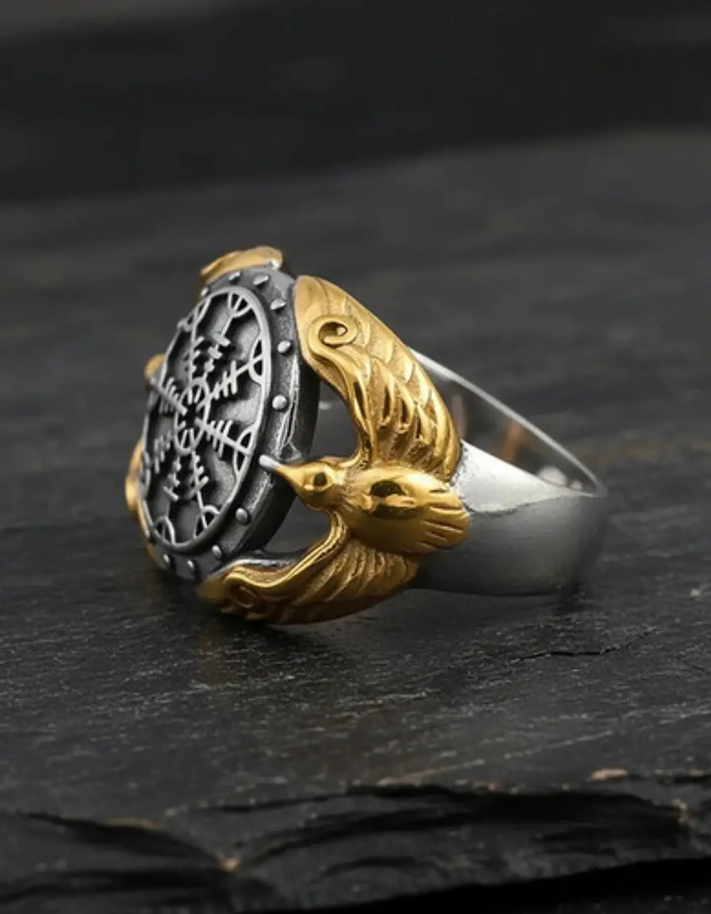 Anillo Acero Color Plata Vikingo Brujula Cuervos Odin Hombre 8