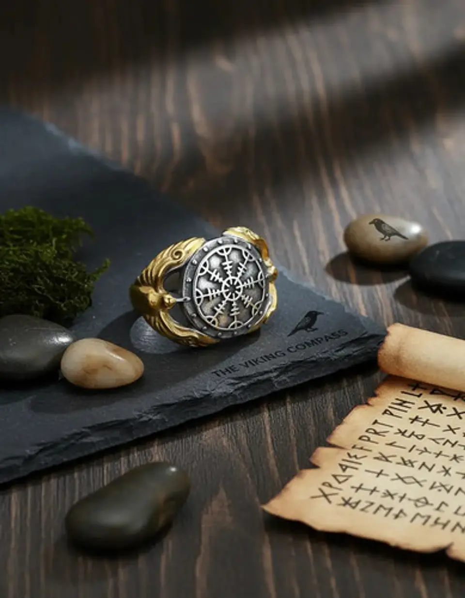 Anillo Acero Color Plata Vikingo Brujula Cuervos Odin Hombre 10