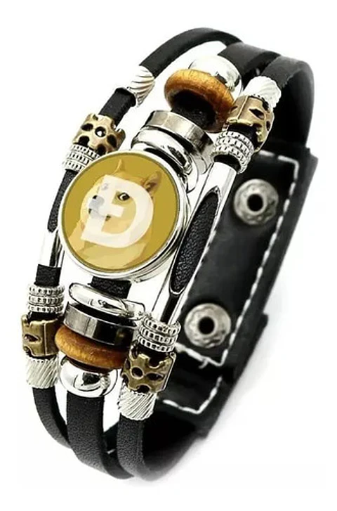 Pulsera Manilla Cuero Cripto Meme Dogecoin Para Hombre Mujer