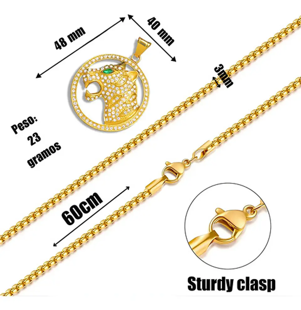 Collar Para Hombre Con Dije Leopardo Piedras Cz Color Oro Dorado 2