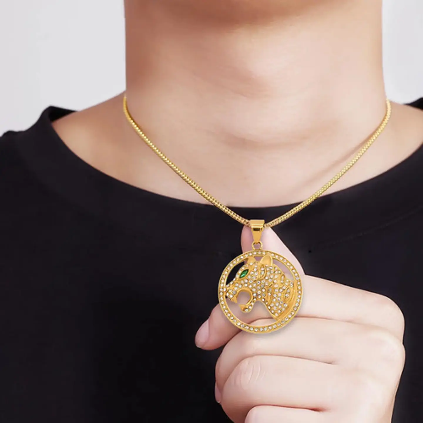 Collar Para Hombre Con Dije Leopardo Piedras Cz Color Oro Dorado 4