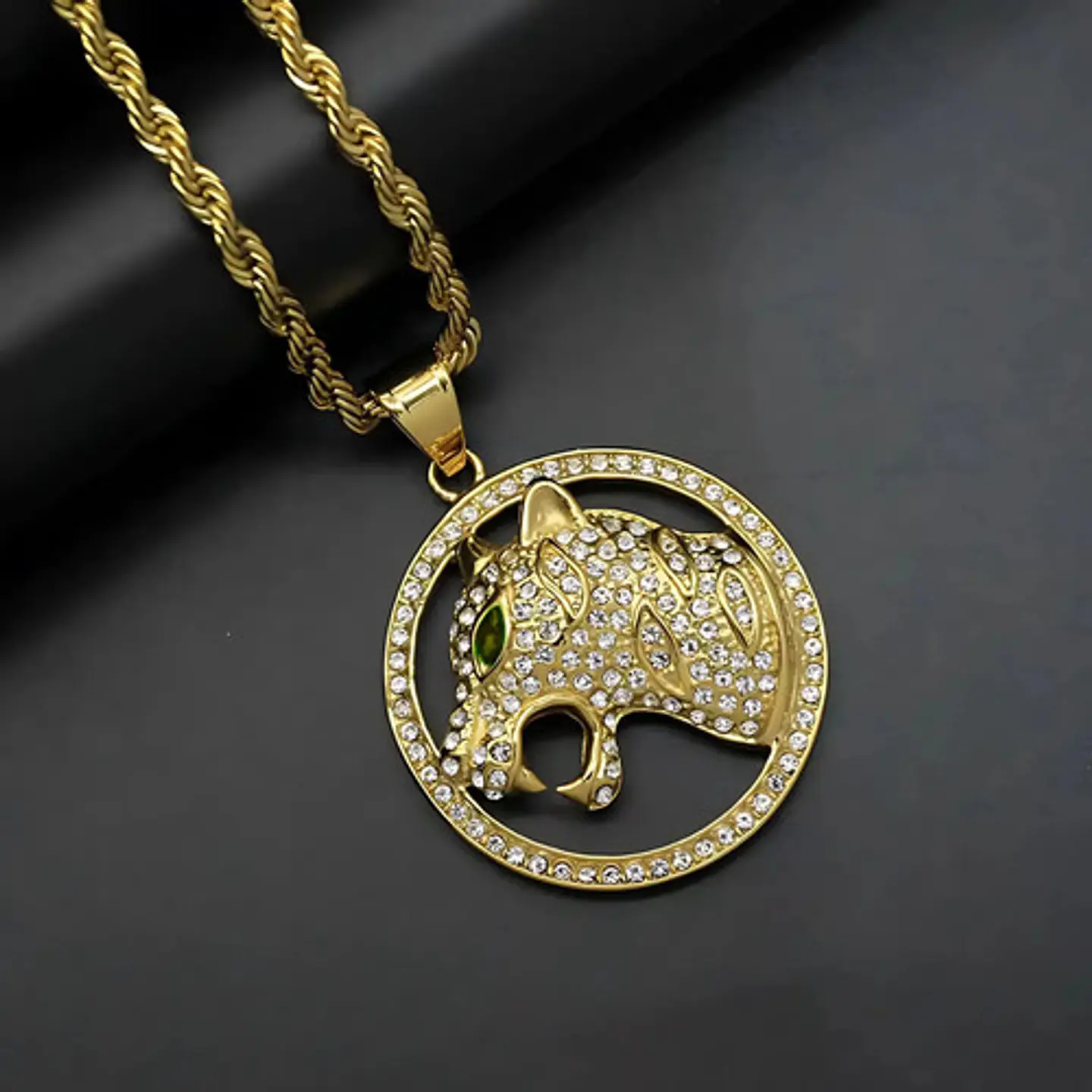Collar Para Hombre Con Dije Leopardo Piedras Cz Color Oro Dorado 8