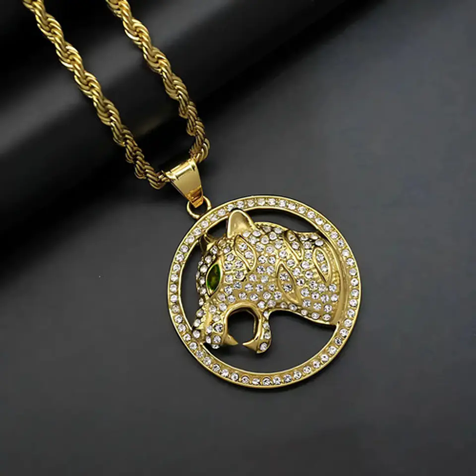 Collar Para Hombre Con Dije Leopardo Piedras Cz Color Oro Dorado 8