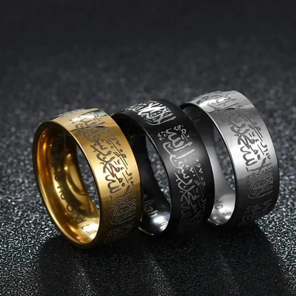 Anillo Árabe Islám Musulmán Allah Shahada Acero Hombre Mujer 11