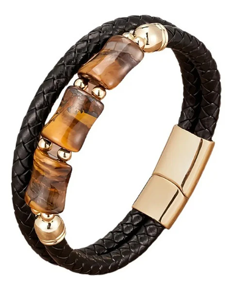 Pulsera Brazalete Trenzada Cuero Piedra Ojo De Tigre Hombre