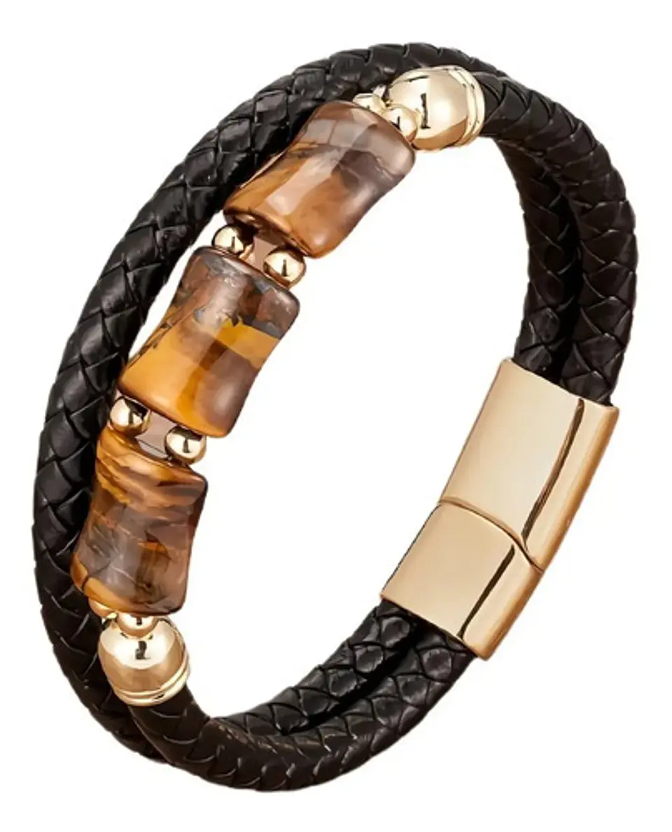 Pulsera Brazalete Trenzada Cuero Piedra Ojo De Tigre Hombre 1