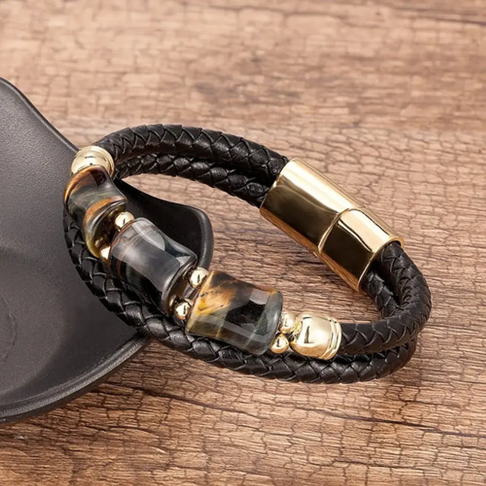 Pulsera Brazalete Trenzada Cuero Piedra Ojo De Tigre Hombre 2