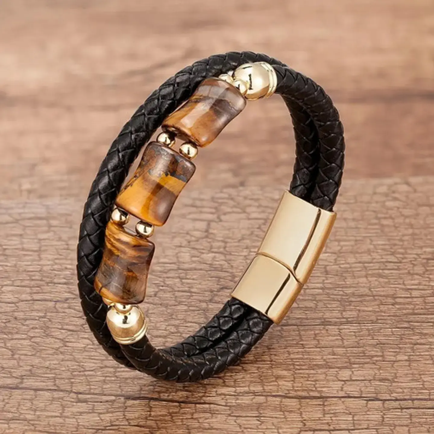 Pulsera Brazalete Trenzada Cuero Piedra Ojo De Tigre Hombre 3