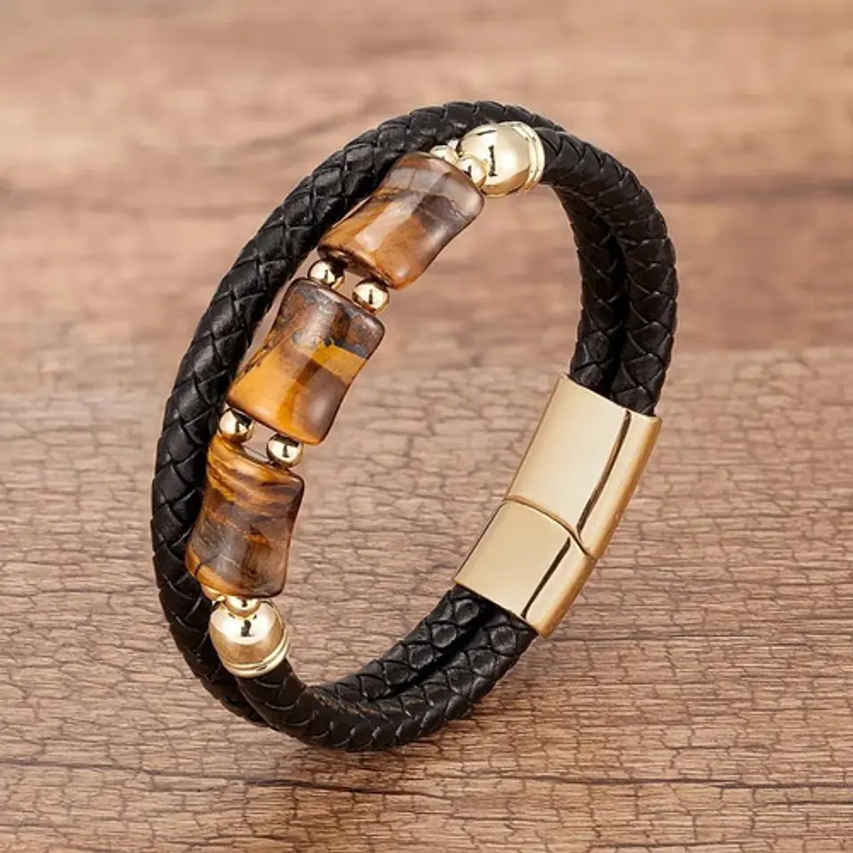 Pulsera Brazalete Trenzada Cuero Piedra Ojo De Tigre Hombre 3