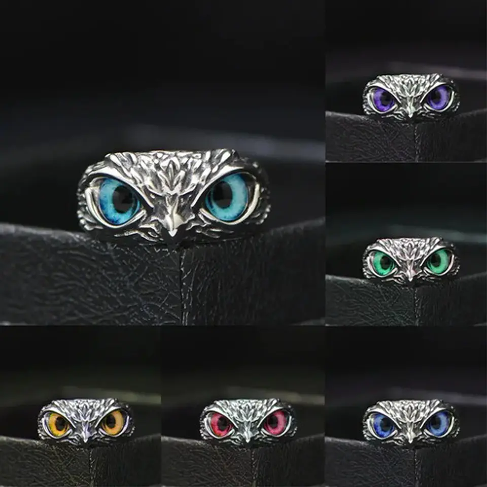 Anillo Argolla Vintage Búho Ojos Color Plata Mujer Hombre 4