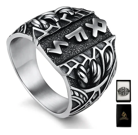 Anillo Runas Vikingo Acero Color Plata Odin Nórdico Hombre