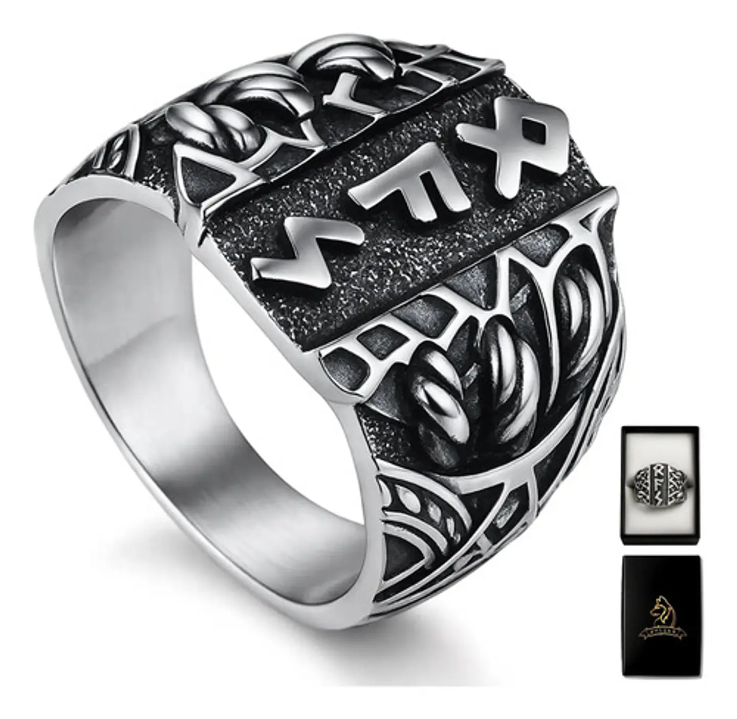 Anillo Runas Vikingo Acero Color Plata Odin Nórdico Hombre 1