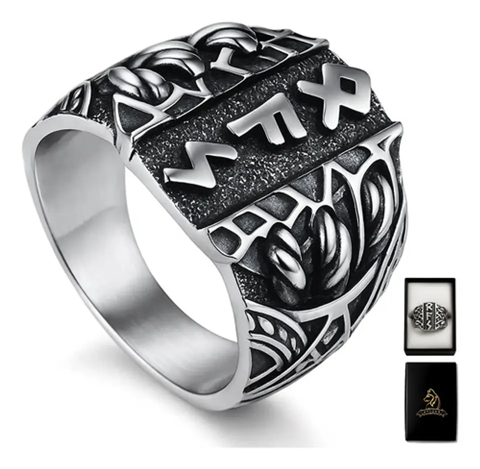 Anillo Runas Vikingo Acero Color Plata Odin Nórdico Hombre 1