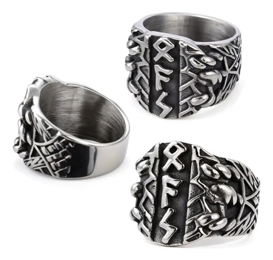 Anillo Runas Vikingo Acero Color Plata Odin Nórdico Hombre 2