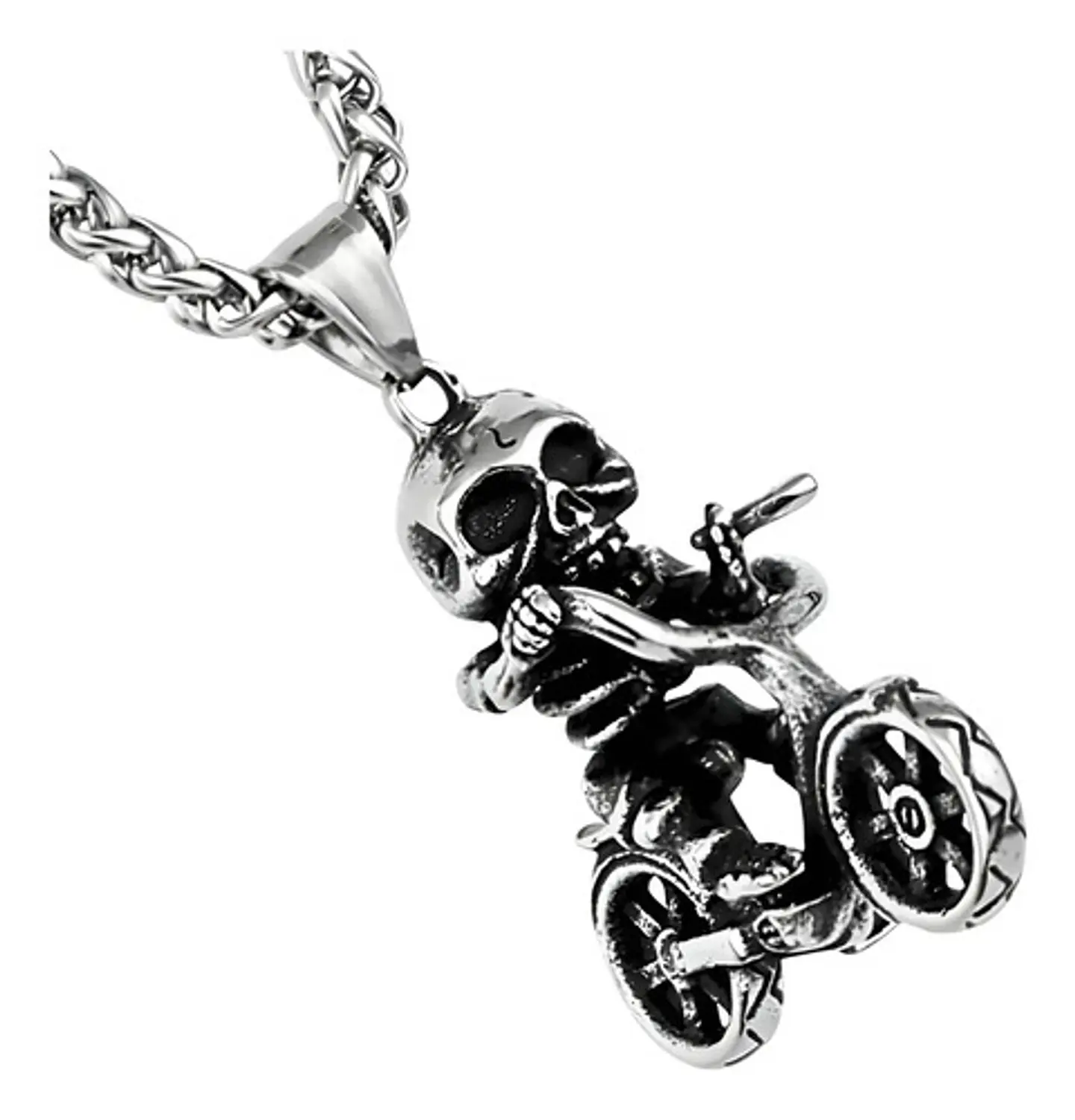 Collar Para Hombre Y Mujer Dije Motocicleta Calavera Craneo Plateado 1