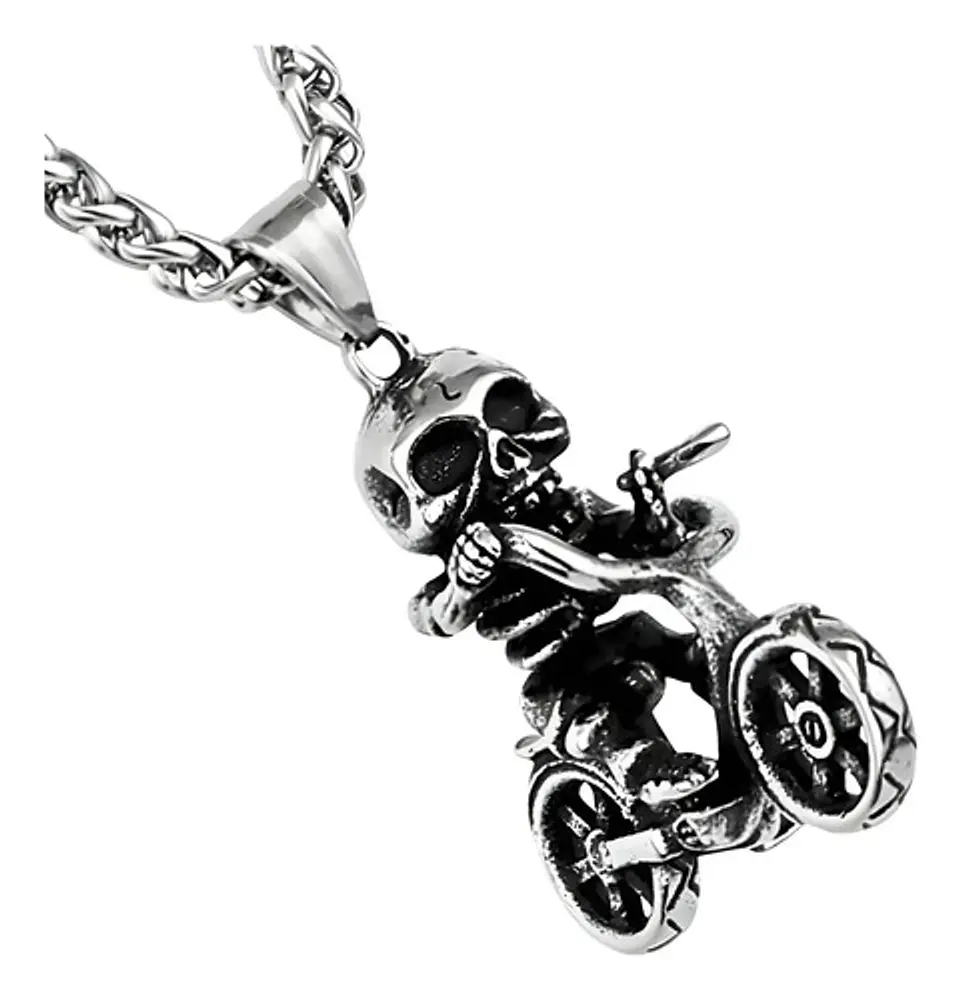 Collar Para Hombre Y Mujer Dije Motocicleta Calavera Craneo Plateado 1