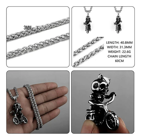 Collar Para Hombre Y Mujer Dije Motocicleta Calavera Craneo Plateado