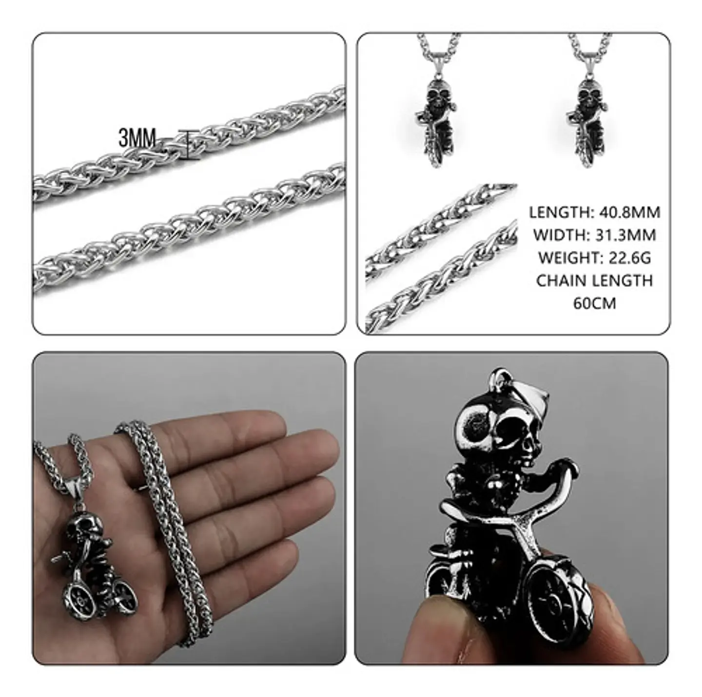 Collar Para Hombre Y Mujer Dije Motocicleta Calavera Craneo Plateado 2