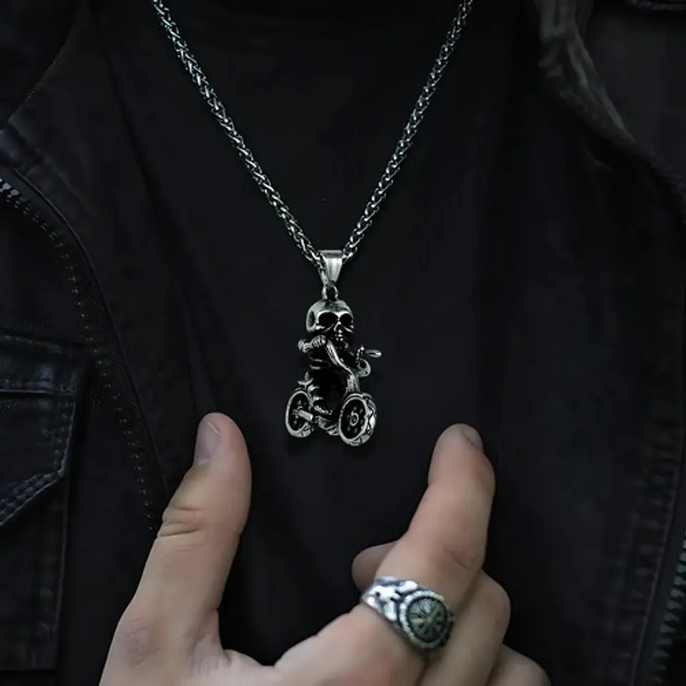 Collar Para Hombre Y Mujer Dije Motocicleta Calavera Craneo Plateado 3