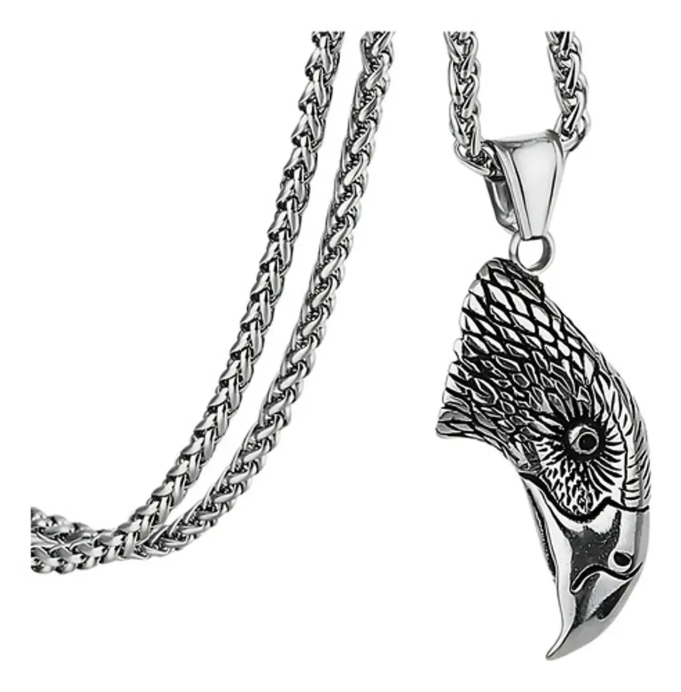 Collar Dije Cabeza Águila Acero Color Plata Hombre Y Mujer Plateado 1