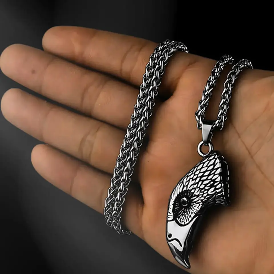 Collar Dije Cabeza Águila Acero Color Plata Hombre Y Mujer Plateado 8