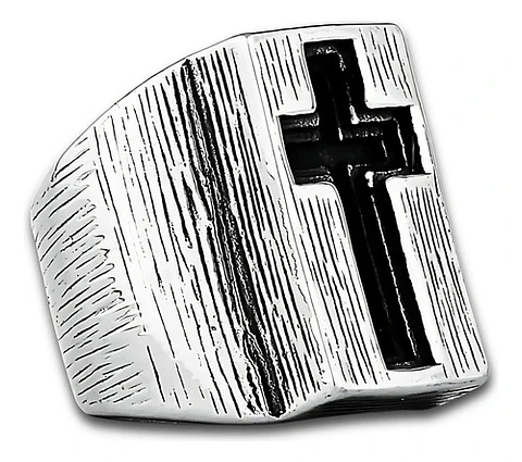Anillo Grande Acero Color Plata Cruz Religioso Para Hombre