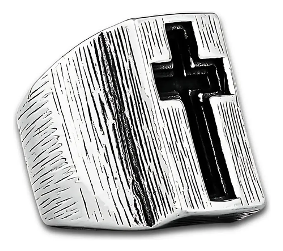 Anillo Grande Acero Color Plata Cruz Religioso Para Hombre 1
