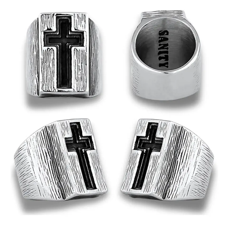 Anillo Grande Acero Color Plata Cruz Religioso Para Hombre 3