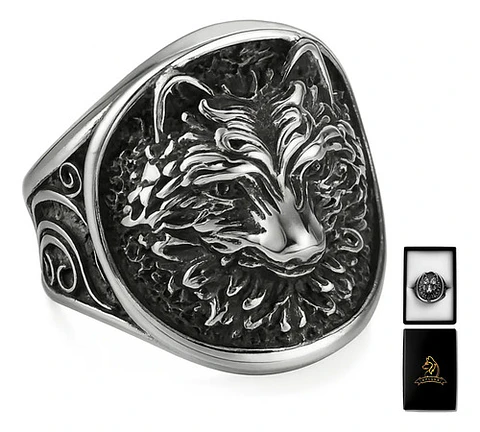 Anillo Acero Color Plata Vikingo Cabeza De Lobo Para Hombre