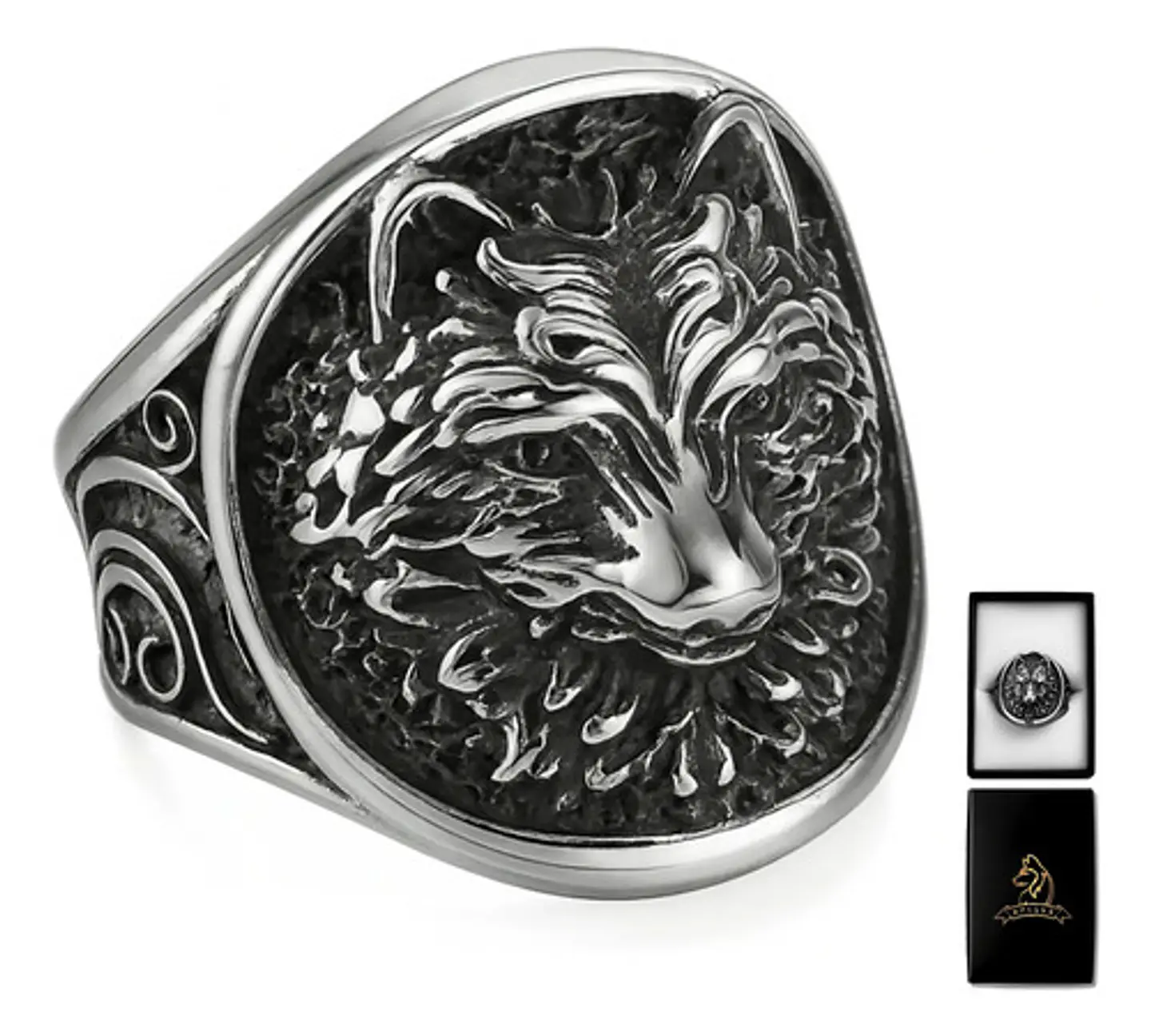 Anillo Acero Color Plata Vikingo Cabeza De Lobo Para Hombre 1