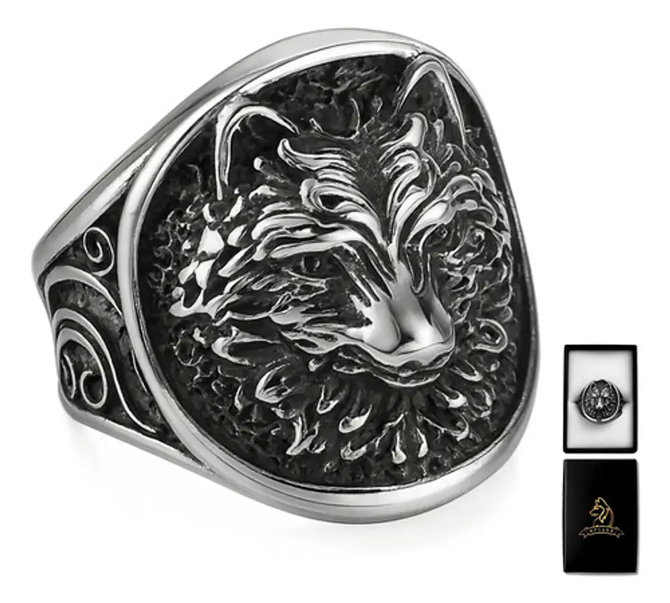 Anillo Acero Color Plata Vikingo Cabeza De Lobo Para Hombre 1