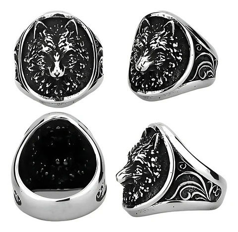 Anillo Acero Color Plata Vikingo Cabeza De Lobo Para Hombre
