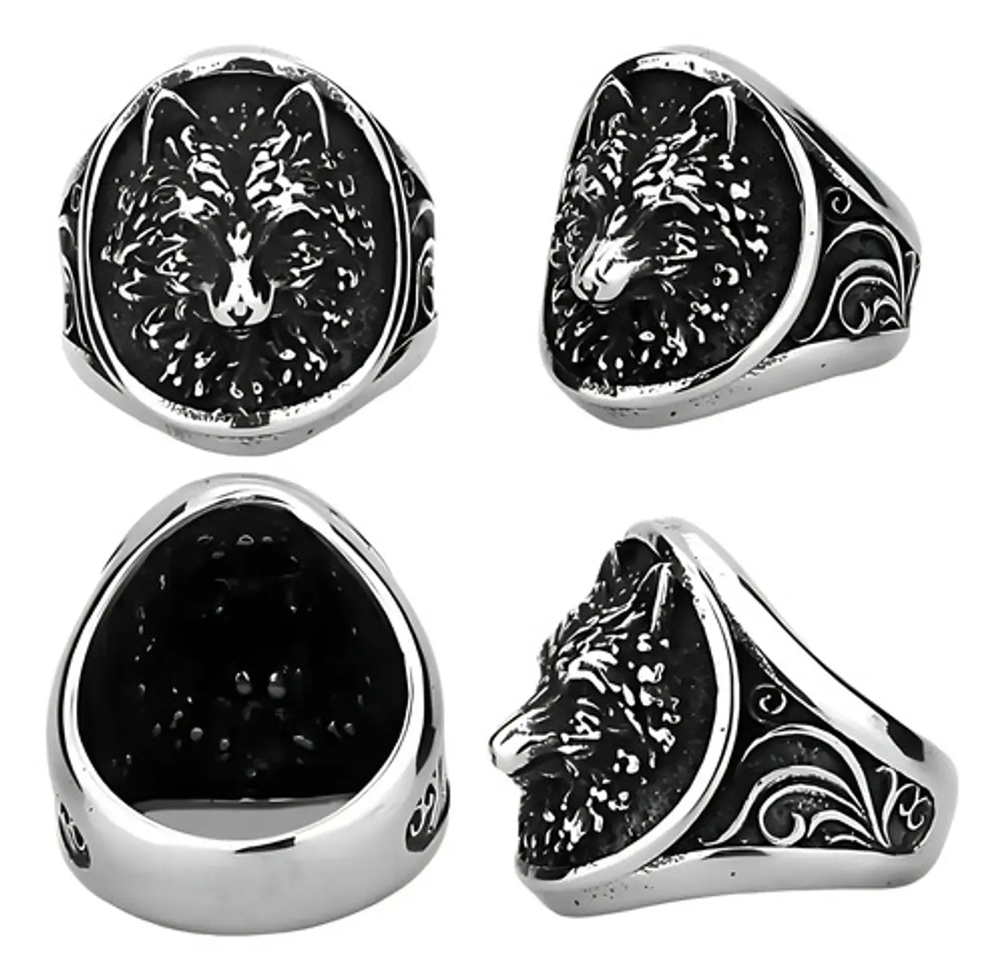 Anillo Acero Color Plata Vikingo Cabeza De Lobo Para Hombre 2