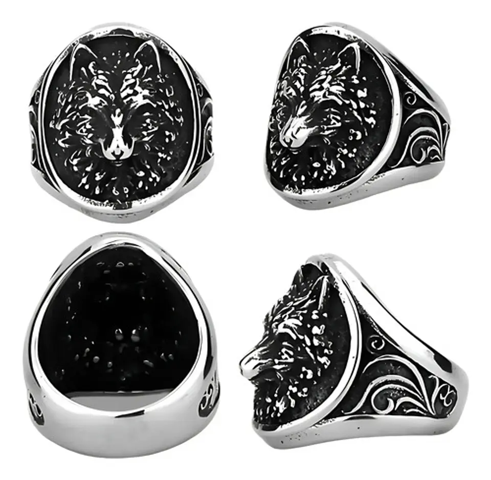 Anillo Acero Color Plata Vikingo Cabeza De Lobo Para Hombre 2