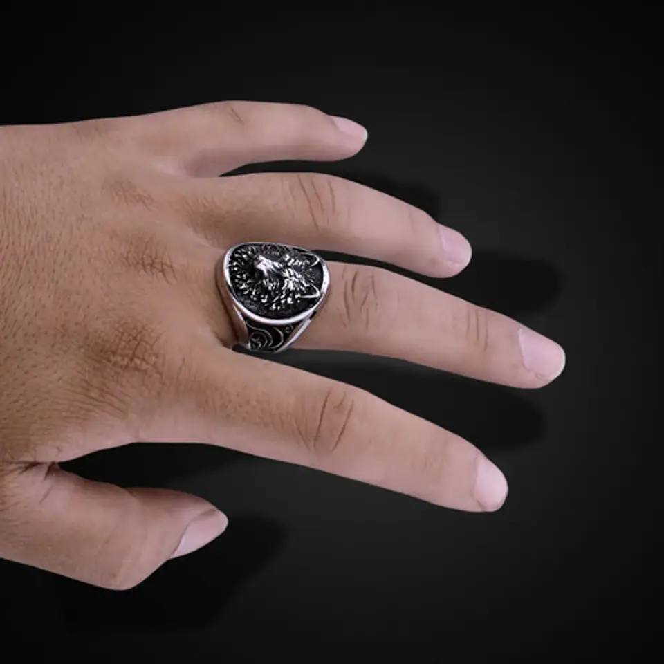 Anillo Acero Color Plata Vikingo Cabeza De Lobo Para Hombre 8