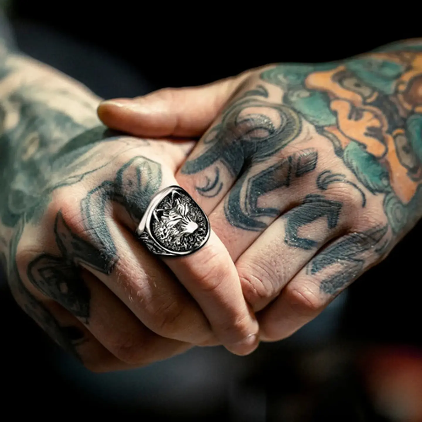 Anillo Acero Color Plata Vikingo Cabeza De Lobo Para Hombre 9
