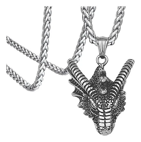 Collar Dije Cabeza Dragón Acero Color Plata Hombre Y Mujer