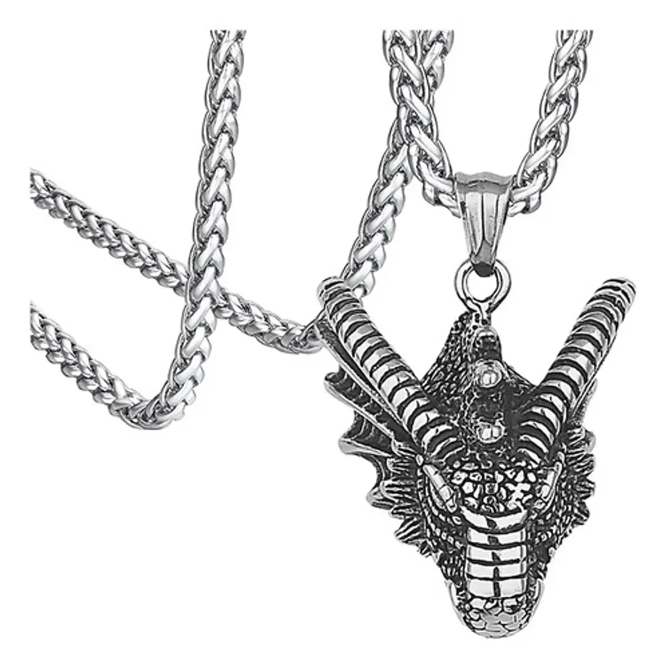 Collar Dije Cabeza Dragón Acero Color Plata Hombre Y Mujer 1