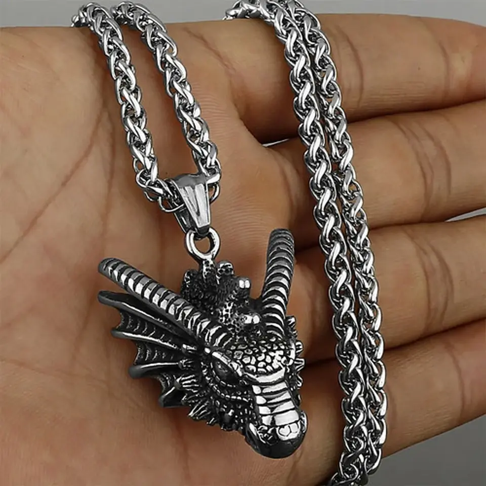 Collar Dije Cabeza Dragón Acero Color Plata Hombre Y Mujer 3