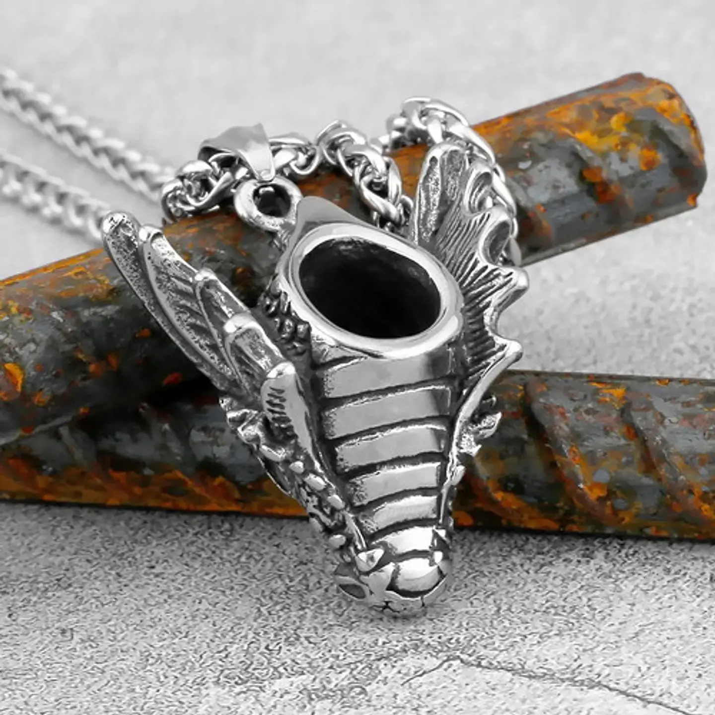 Collar Dije Cabeza Dragón Acero Color Plata Hombre Y Mujer 7
