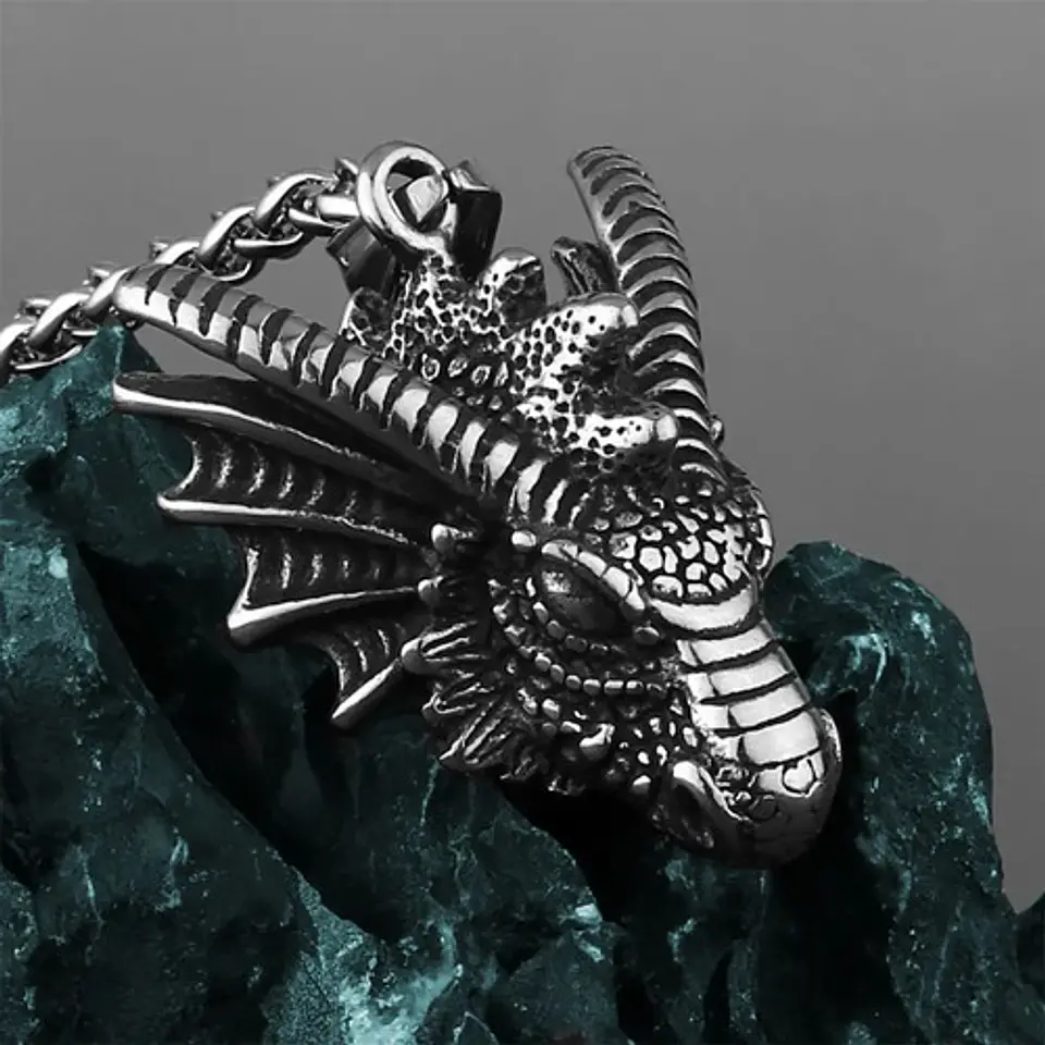 Collar Dije Cabeza Dragón Acero Color Plata Hombre Y Mujer 8