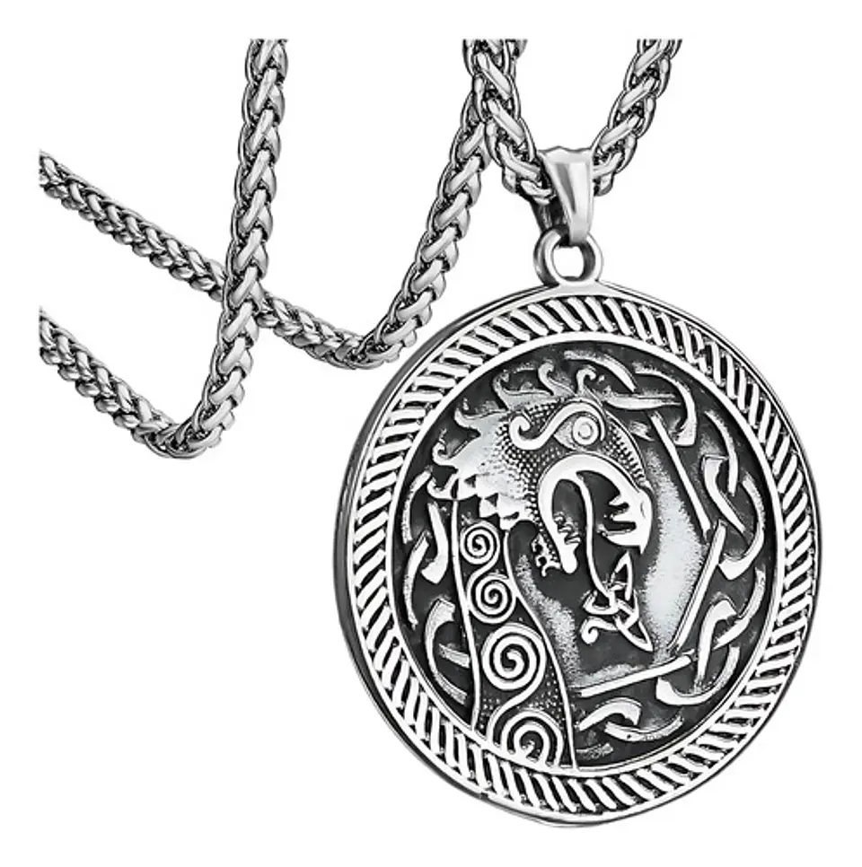 Collar Para Hombre Y Mujer Con Dije Dragón Drakkar Vikingo Plateado 1