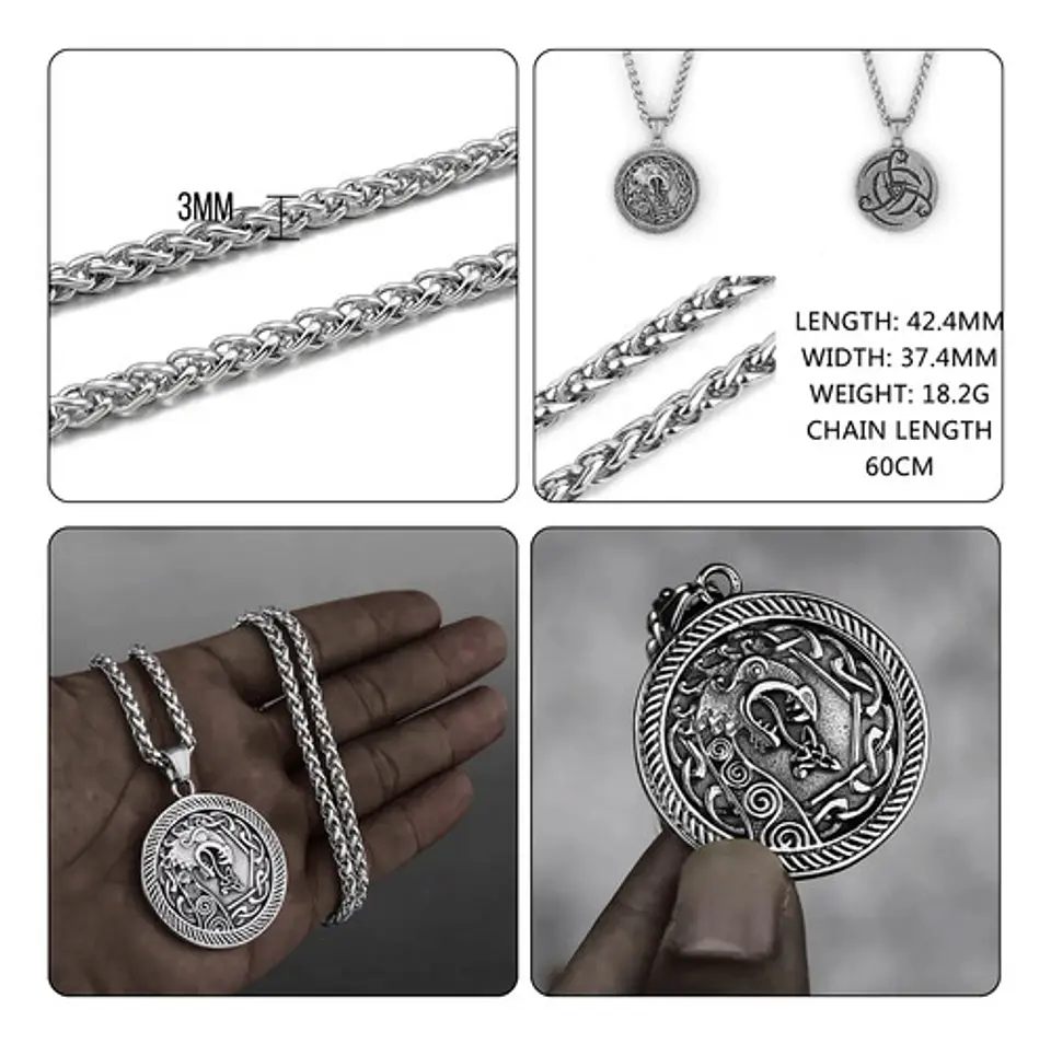 Collar Para Hombre Y Mujer Con Dije Dragón Drakkar Vikingo Plateado 2