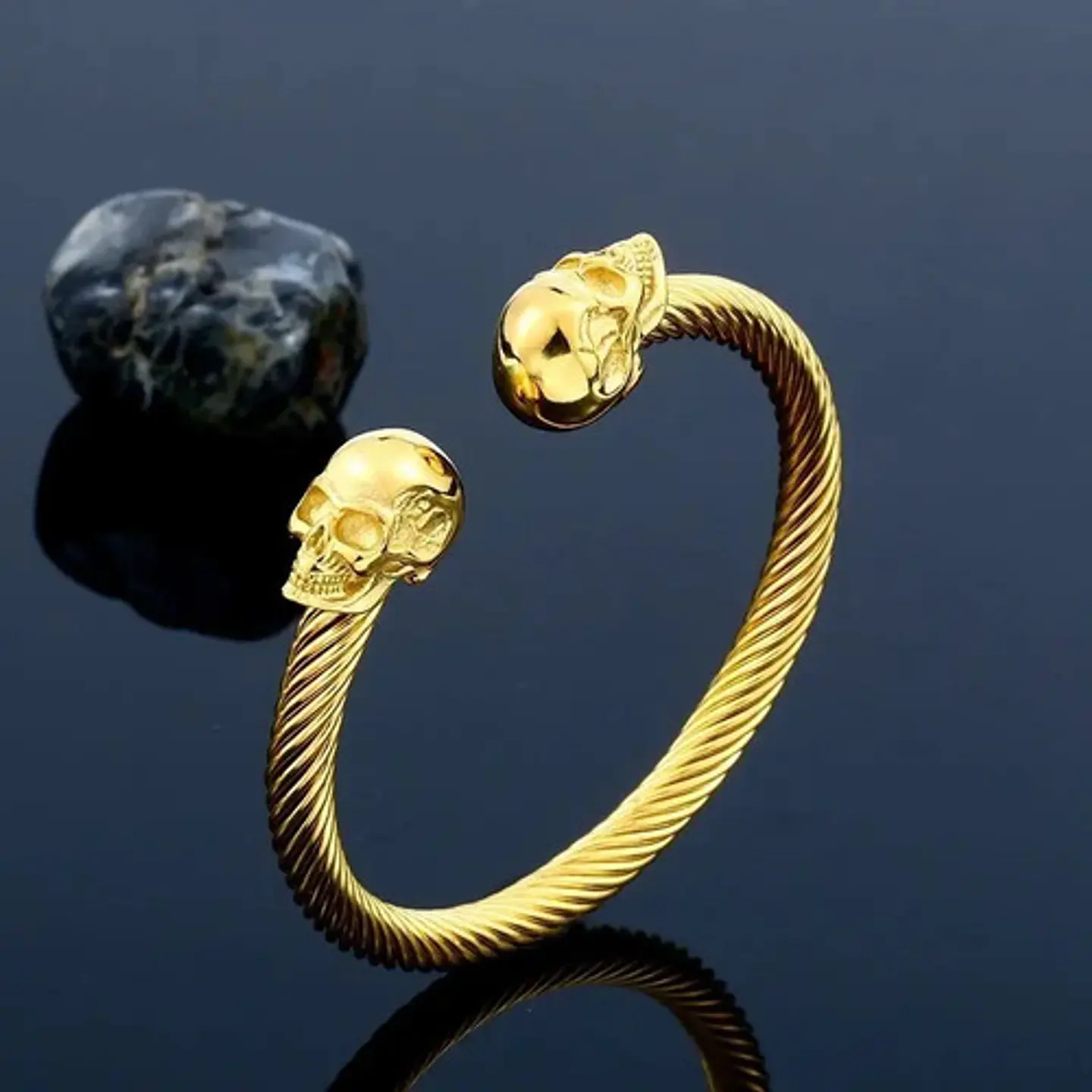 Pulsera Brazalete Acero Color Oro Cráneo Calavera Hombre 3
