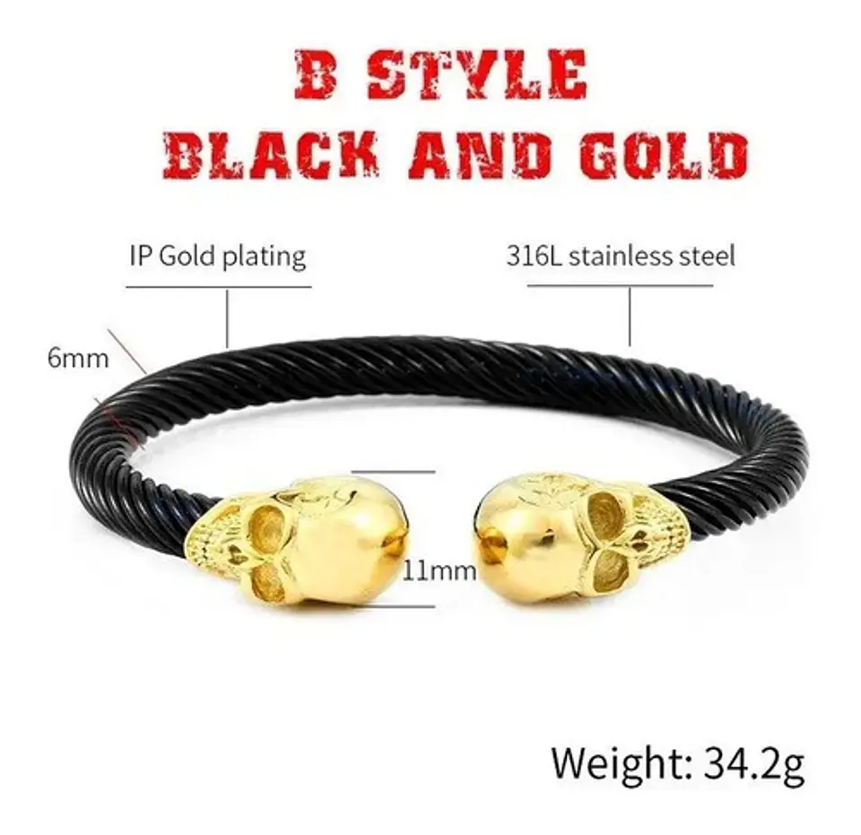 Pulsera Brazalete Acero Color Oro Cráneo Calavera Hombre 6