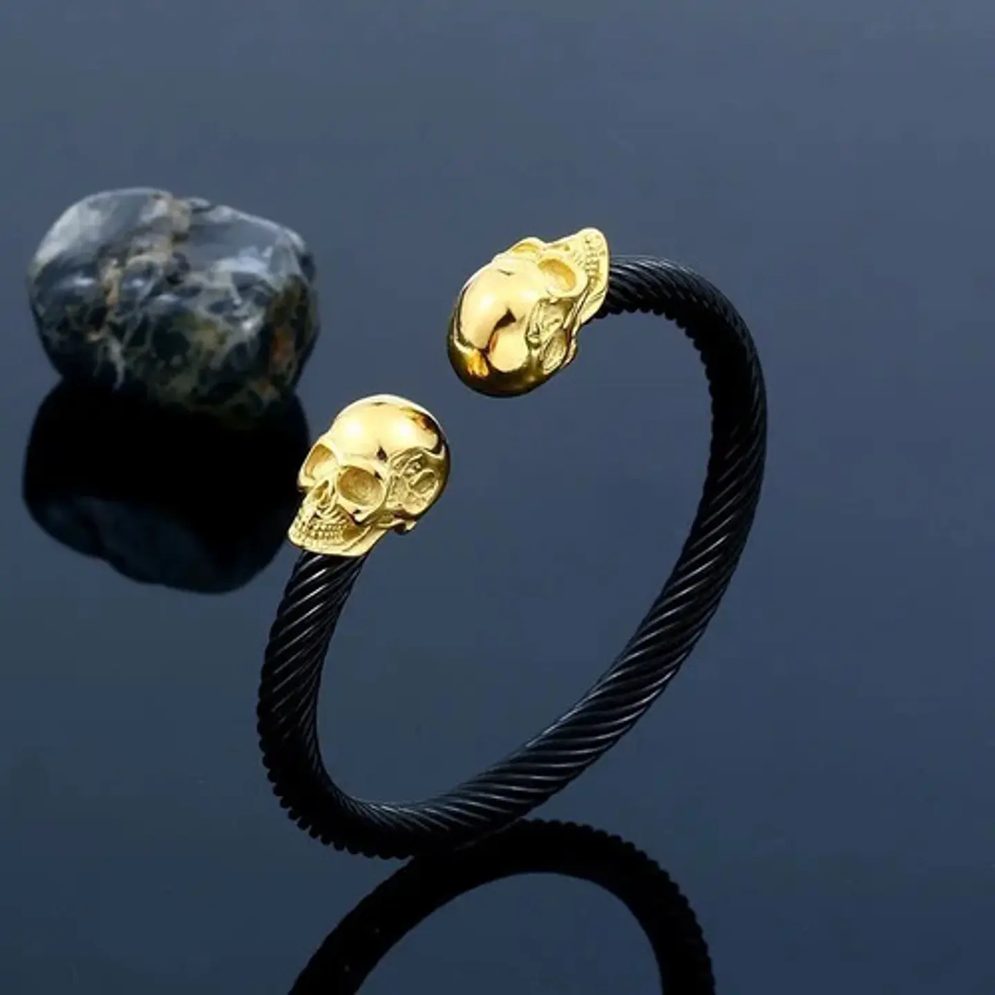 Pulsera Brazalete Acero Color Oro Cráneo Calavera Hombre 7