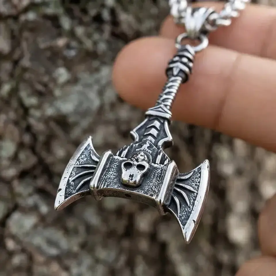 Collar Vikingo En Acero Para Hombre Mujer Dije Hacha Cráneo 5