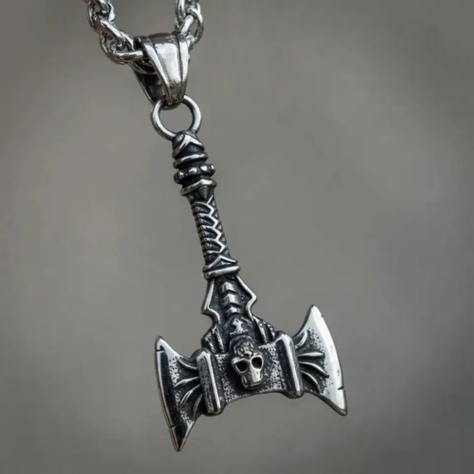 Collar Vikingo En Acero Para Hombre Mujer Dije Hacha Cráneo 12