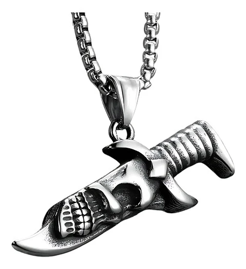 Collar Para Hombres Con Dije Navaja Cráneo Calavera Cuchillo Plateado